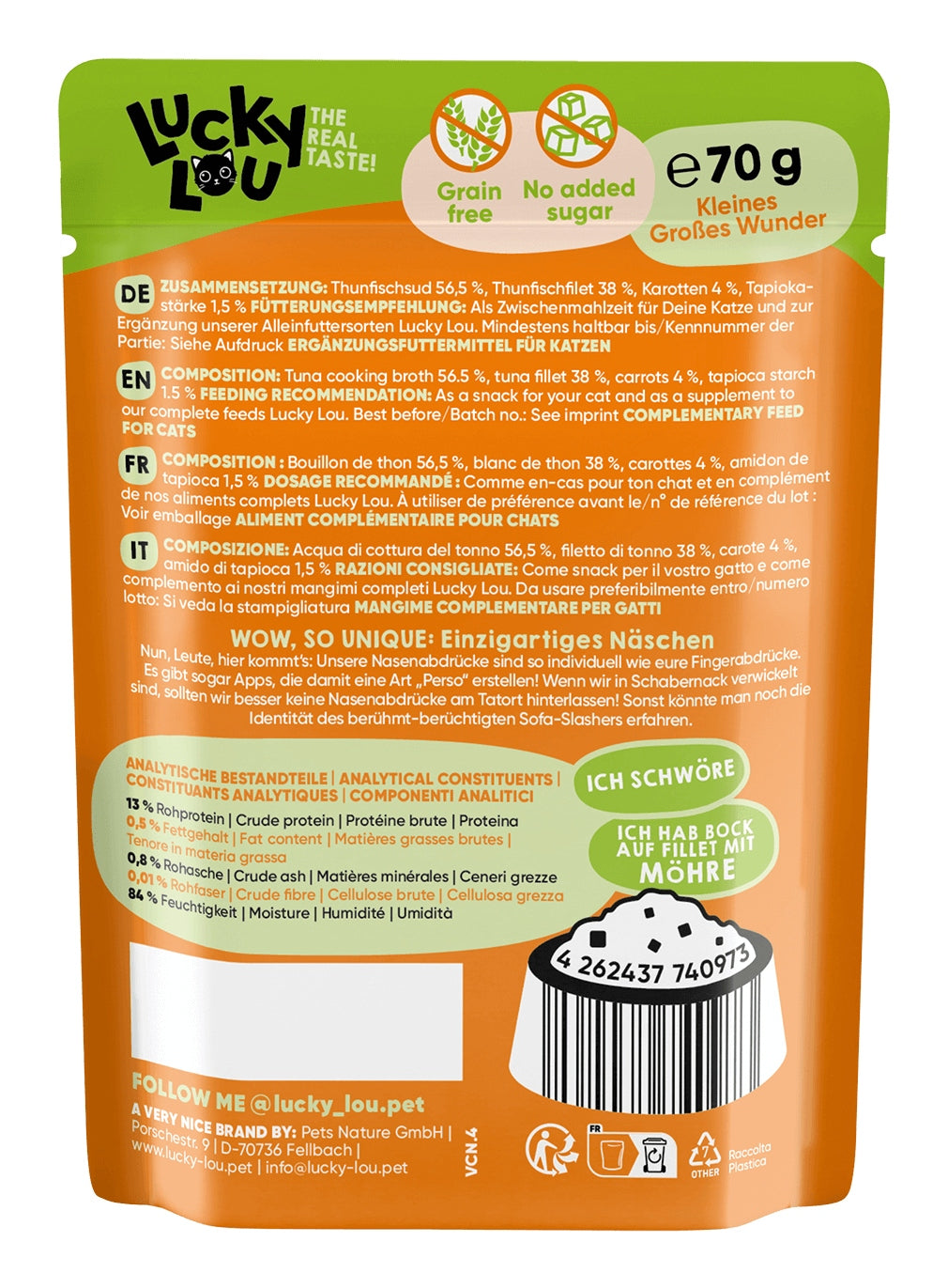 Lucky Lou Extra Food Tuna with Carrot in Sachet 70g Cat Food Manufacturer code 4262437740973