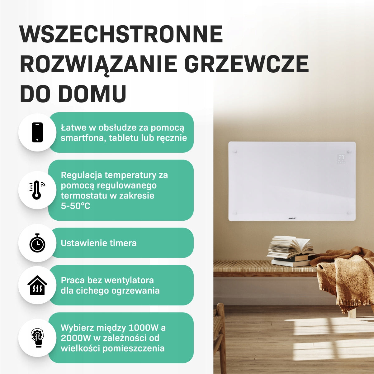 Luxury electric heater - glass panel - 2000W - white | WiFi Manufacturer code CH512AC_WHITE