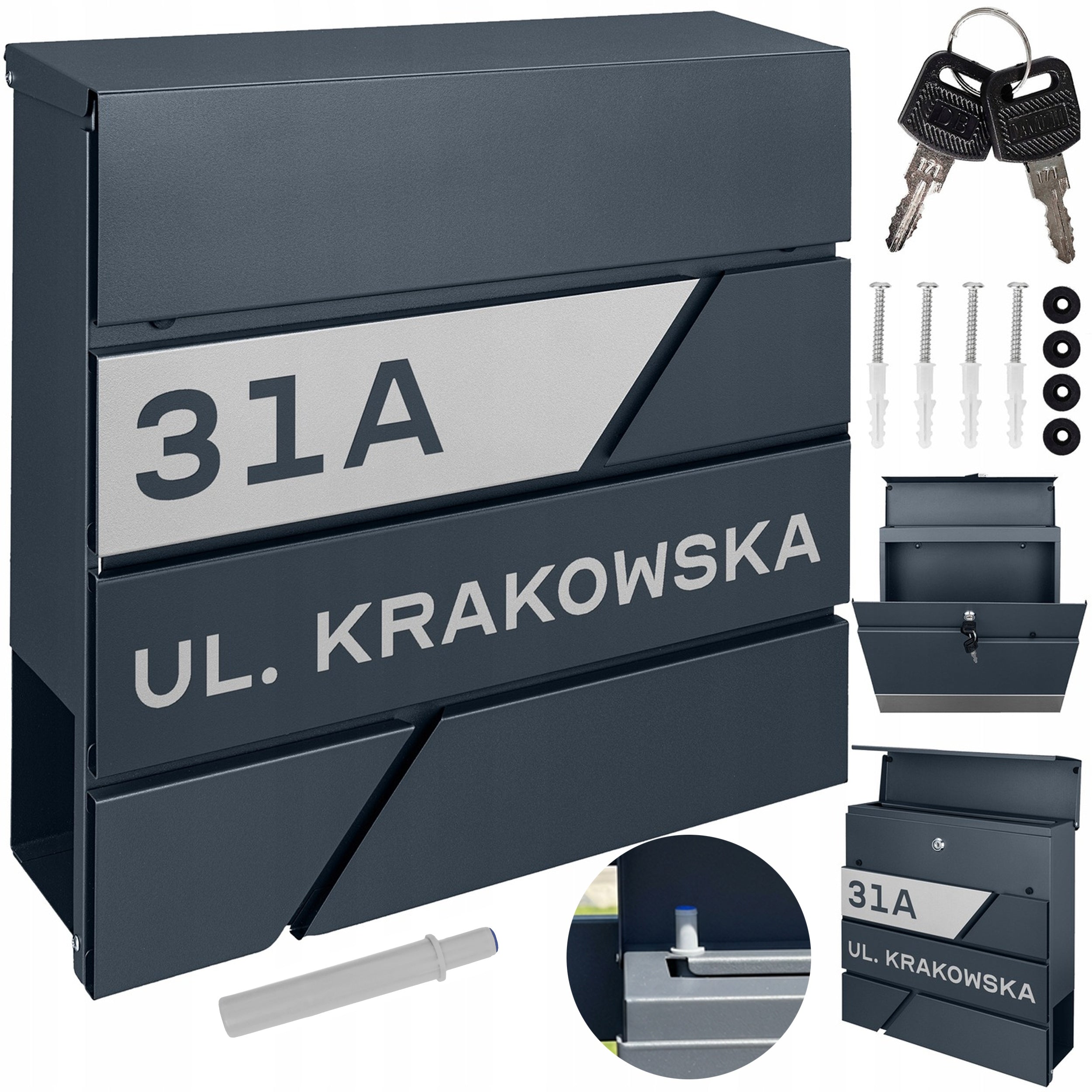 MAILBOX FOR LETTERS ANTHRACITE + INSCRIPTION WITH ADDRESS STREET NUMBER
