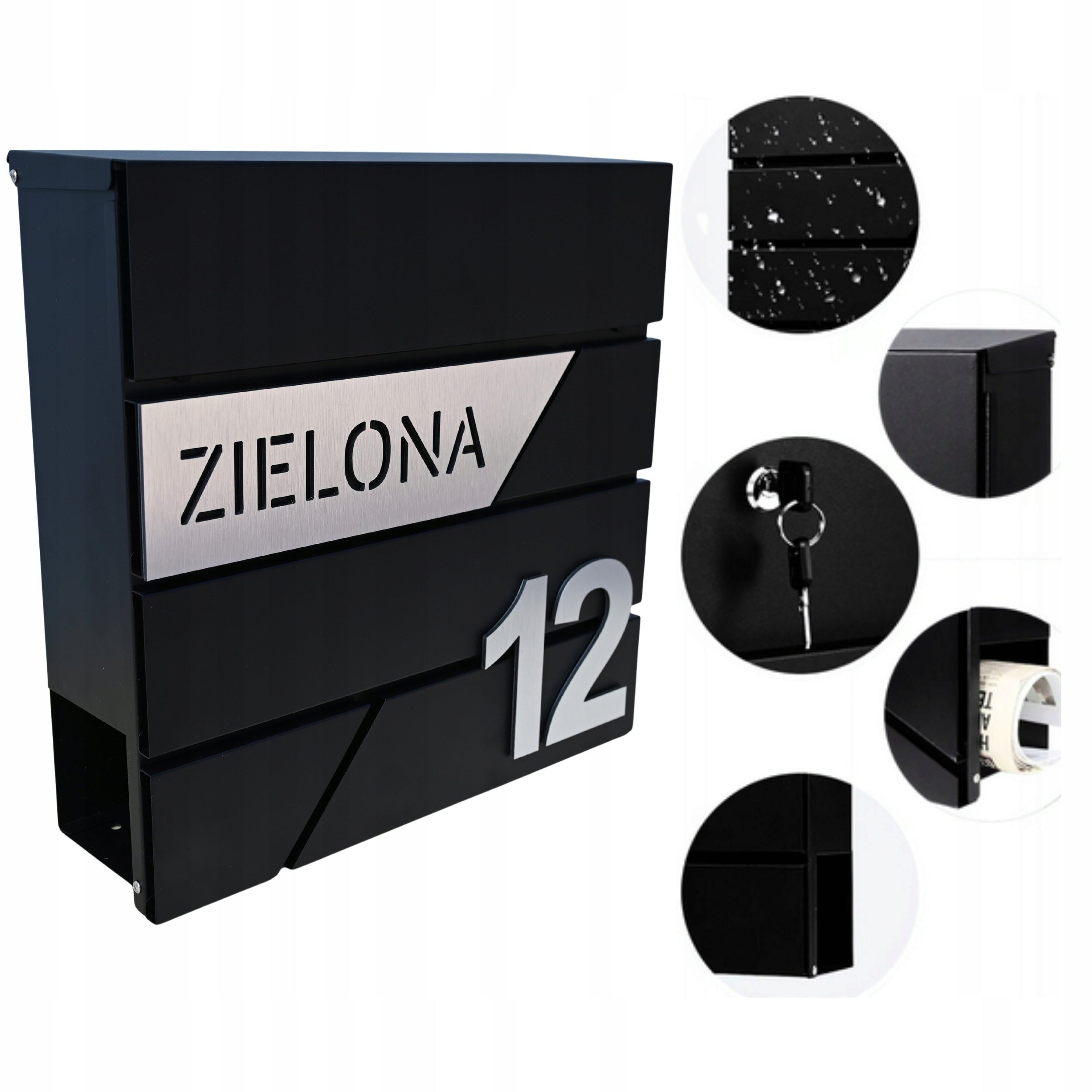 MAILBOX FOR LETTERS WITH ADDRESS HOUSE NUMBER PATTERNS LARGE BLACK RAL 9005