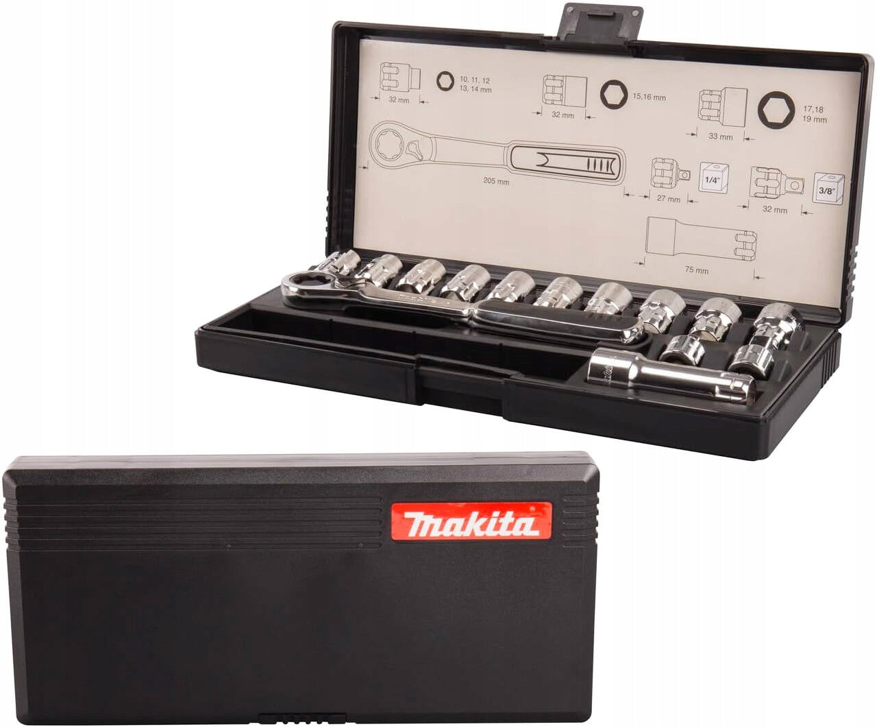MAKITA Set of sockets 1/4" 3/8" ratchet 14 pieces B-65595