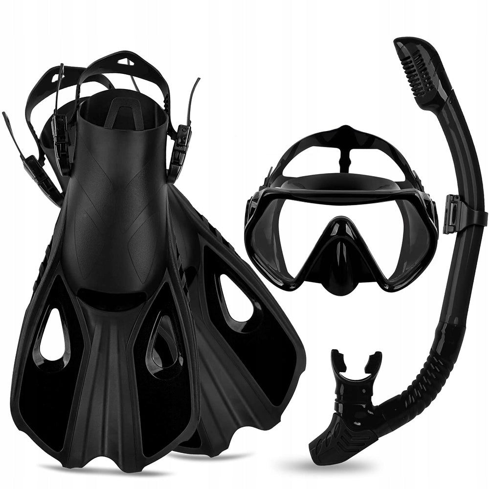 MASK AND SNORKEL DIVING GLASSES AND SNORKELING TUBE With fin L/XL Color black