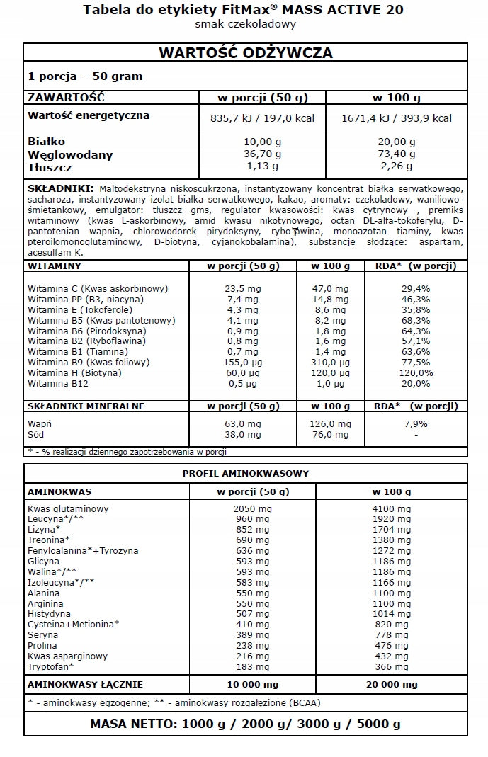 MASS ACTIVE 2KG CHOCOLATE Expiration date at least 1 year from the date of purchase