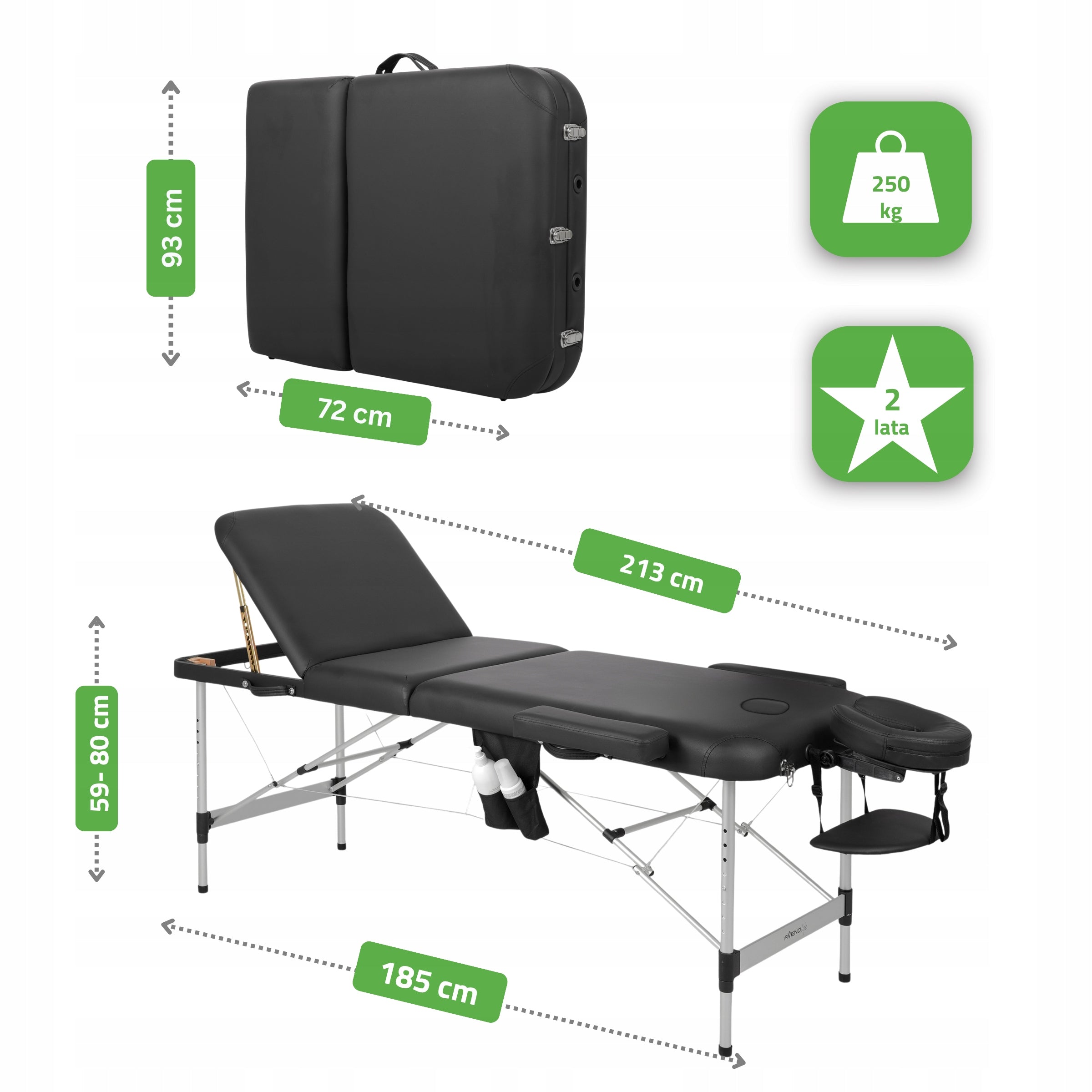 MASSAGE TABLE FOLDING PORTABLE ALUMINUM 3 SEGMENTS ADELE 70 CM BLACK EAN (GTIN) 5906667491456