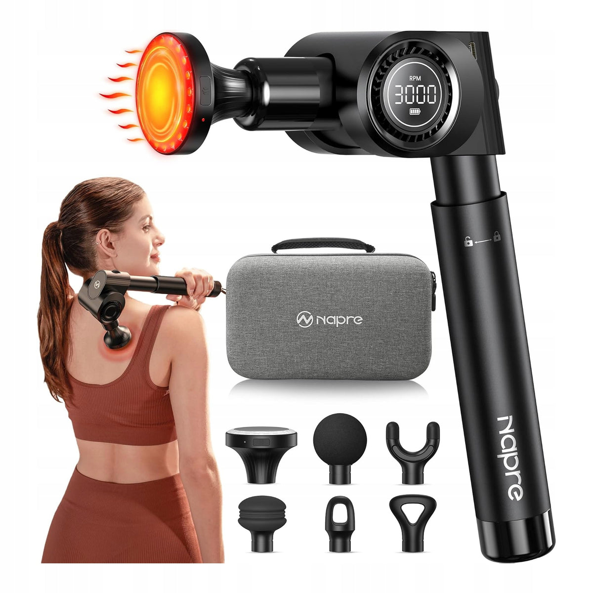 MASSAGER MASSAGE GUN WITH RED HEAT LIGHT 6 ENDS 32 FUNCTIONS
