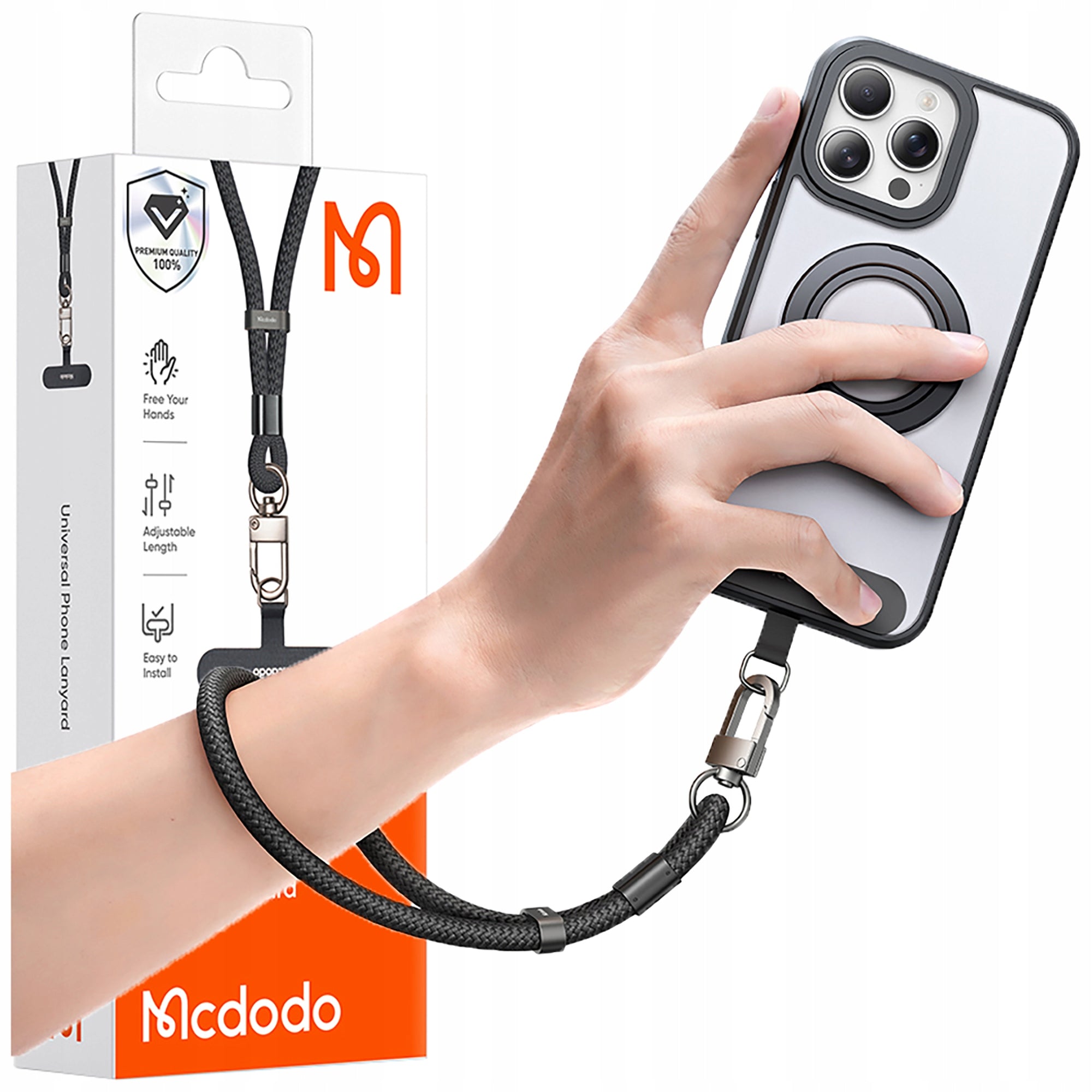 MCDODO HAND PHONE LANYARD UNIVERSAL INSERT STRONG THICK BLACK 6MM
