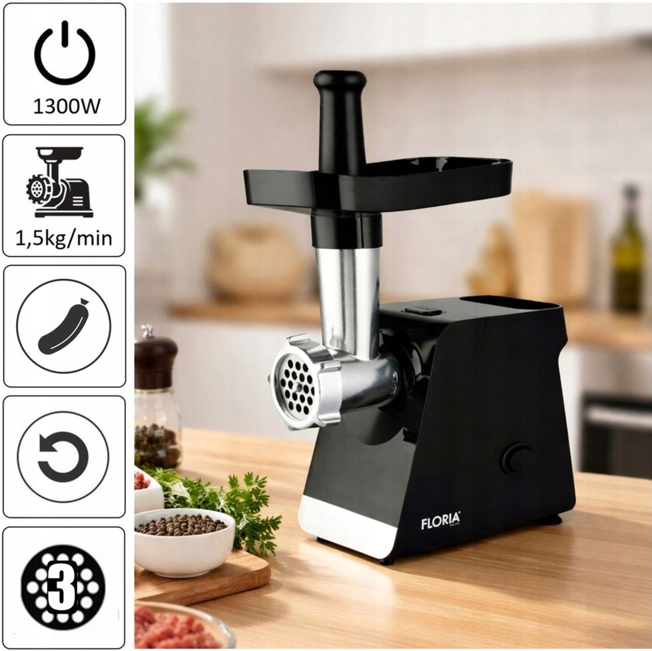 MEAT GRINDER 3 SIEVE SAUSAGE CAP 1,5KG/MIN REVERSE 1300W Packaging status original