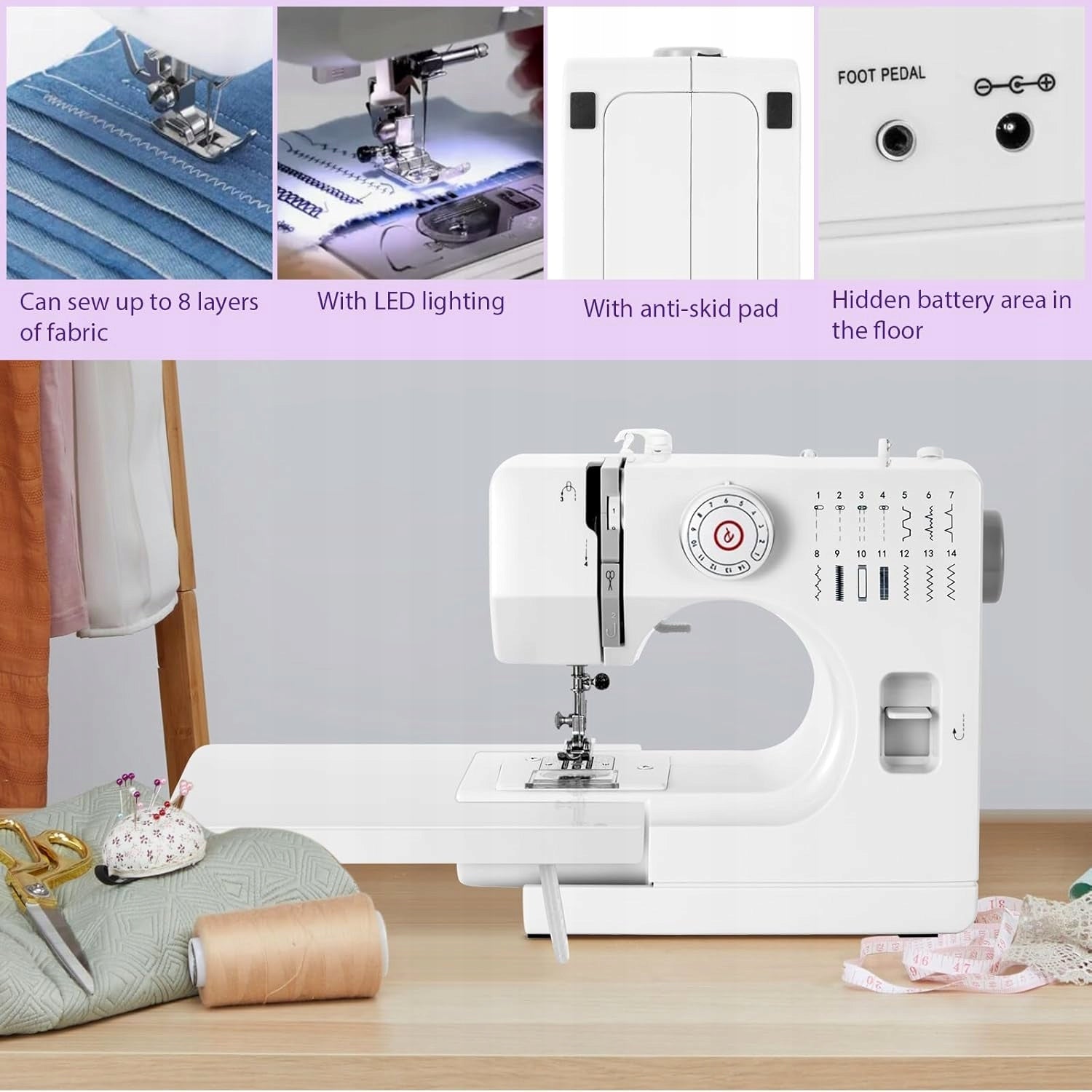 MECHANICAL SEWING MACHINE WITH EXTENSION TABLE AND 14 SCIEGOW Dominant color white