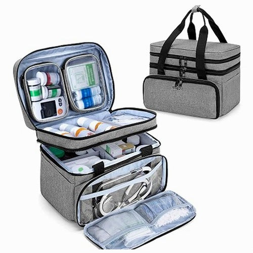 MEDICINE BAG ORGANIZER TRAVEL FIRST AID KIT DOUBLE LAYER GREY FOR HOME