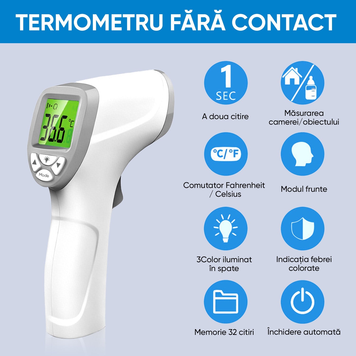 MEDYCZNY TERMOMETR BEZDOTYKOWY NA PODCZERWIEŃ °C/°F, DLA DZIECI I DOROSŁYCH Medical device no