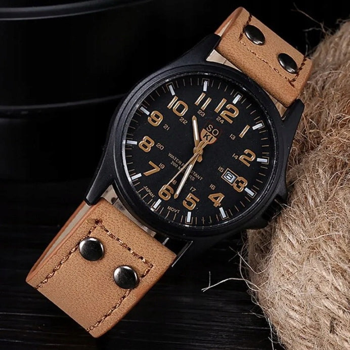 MEN'S BROWN WATCH Eco Leather BLACK JUICE DIAL Date Manufacturer code ZEGAREK BRĄZOWY MĘSKI Z092