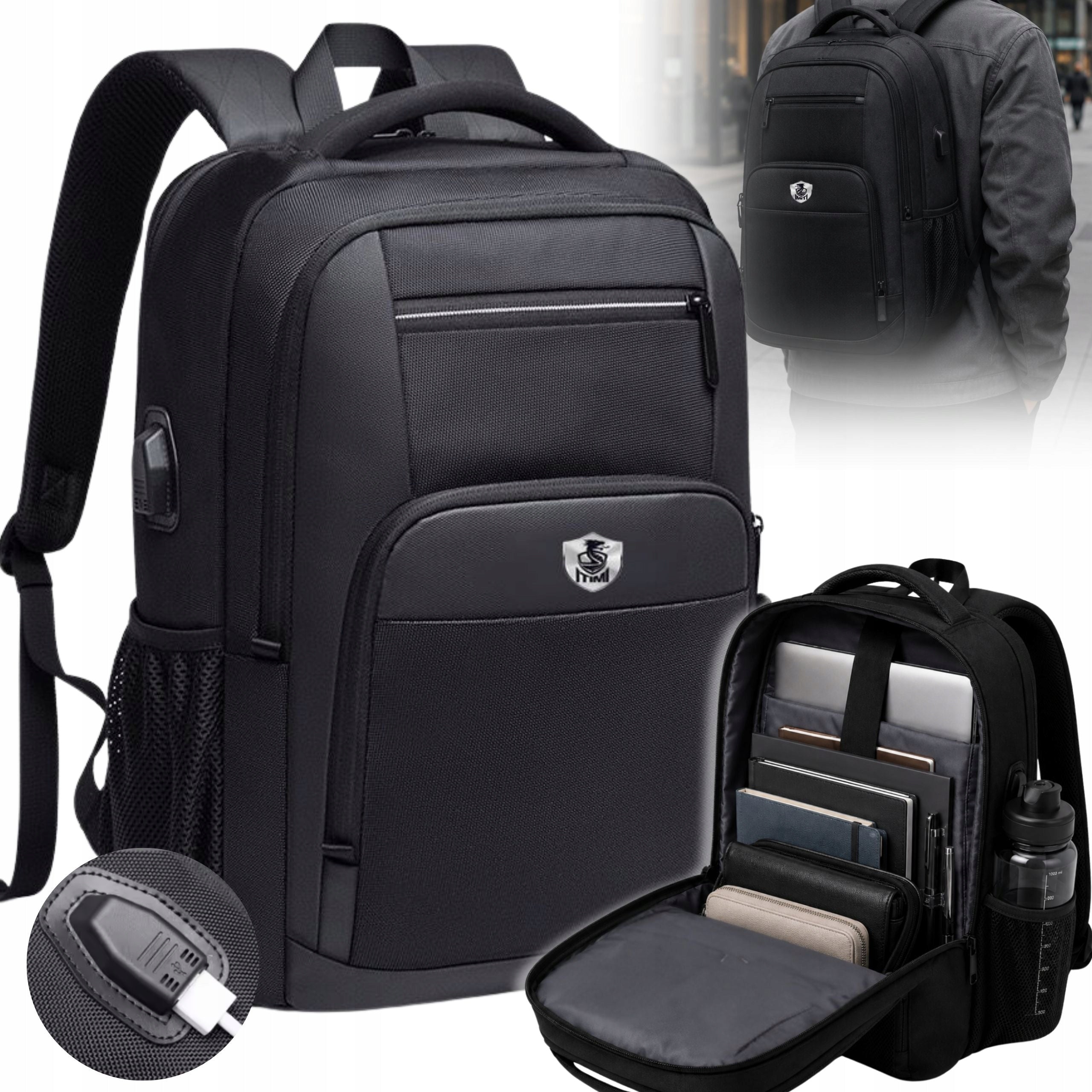 MEN'S LAPTOP BACKPACK CITY WATERPROOF ROOMY FOR WORK USB BLACK
