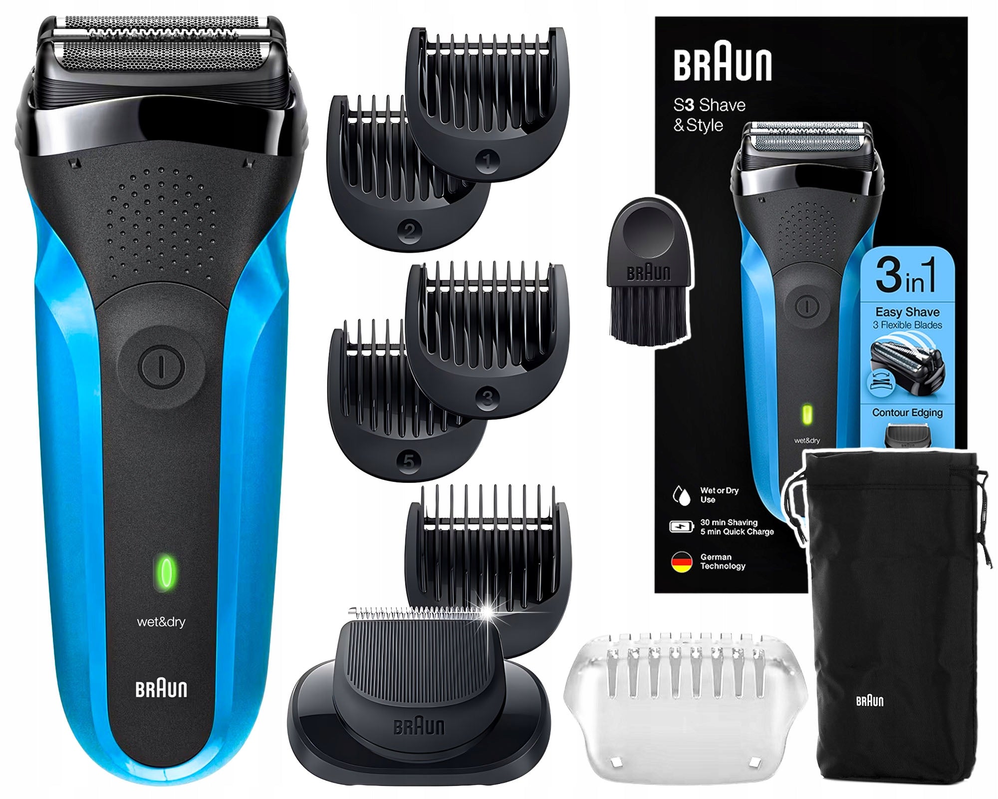 MEN'S SHAVER BRAUN SERIES 3 310BT SENSOFOIL WET&DRY + TRIMMER 5 + ATTACHMENTS Packaging status original