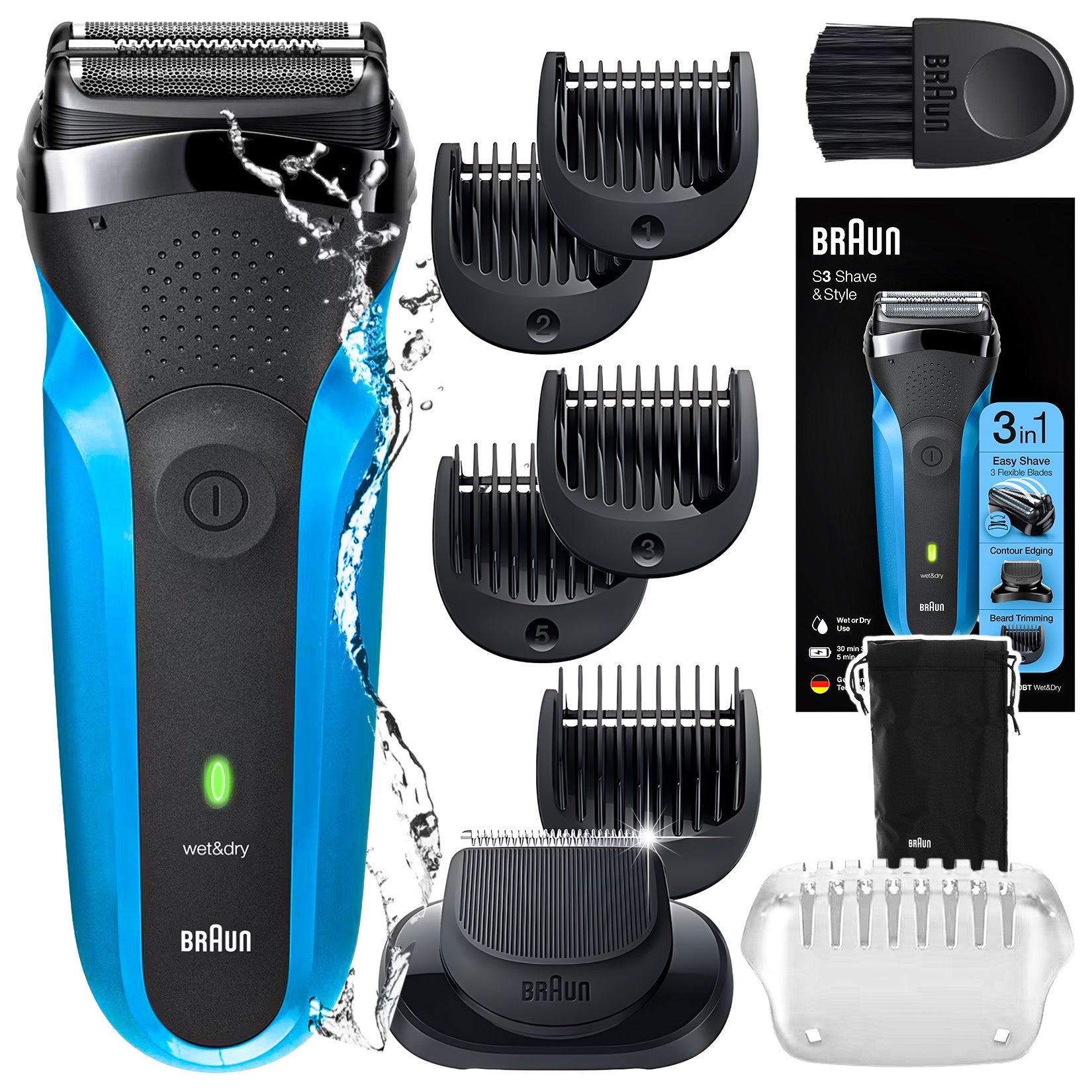 MEN'S SHAVER BRAUN SERIES 3 310BT SENSOFOIL WET&DRY + TRIMMER 5 + ATTACHMENTS