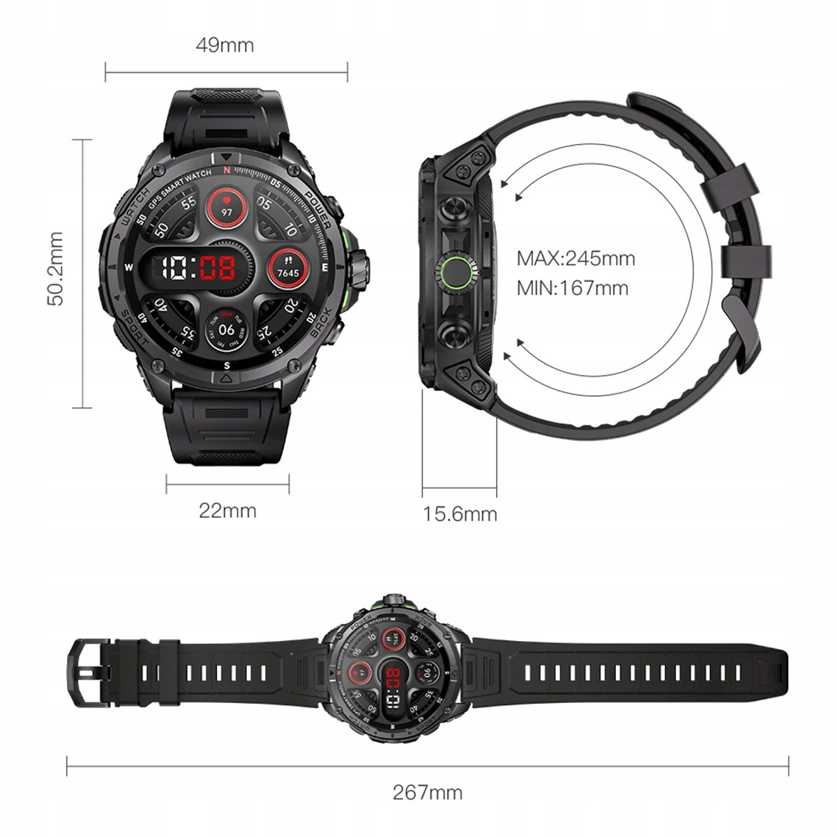 MEN'S SMARTWATCH WITH CONVERSATIONS Compass battery 470mAh 170 GPS Modes Color green