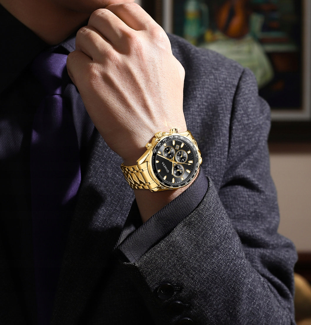 MEN'S WATCH GOLD BRACELET CHRONOGRAPH BLACK DIAL STYLISH WATERPROOF Brand QYMERA