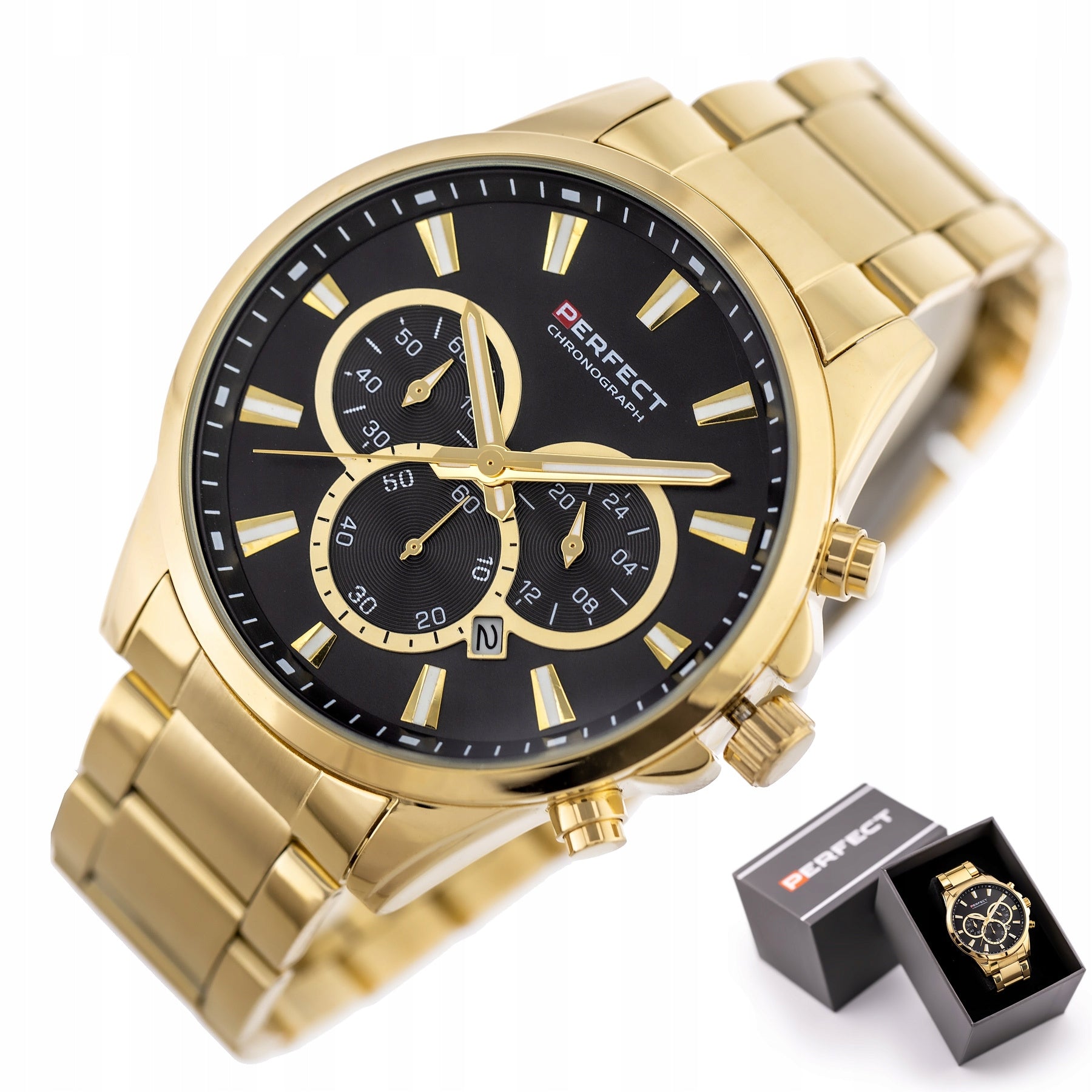 MEN'S WATCH PERFECT TONY +BOX + ENGRAVING gold date stamp digits readable