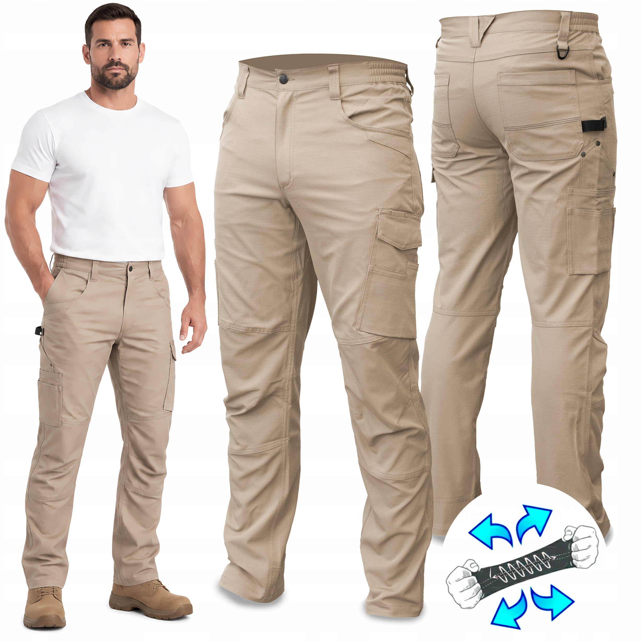 MEN'S WORK PANTS FOR WAIST ELASTIC STRETCH BUSHES STRONG RIPSTOP BHP
