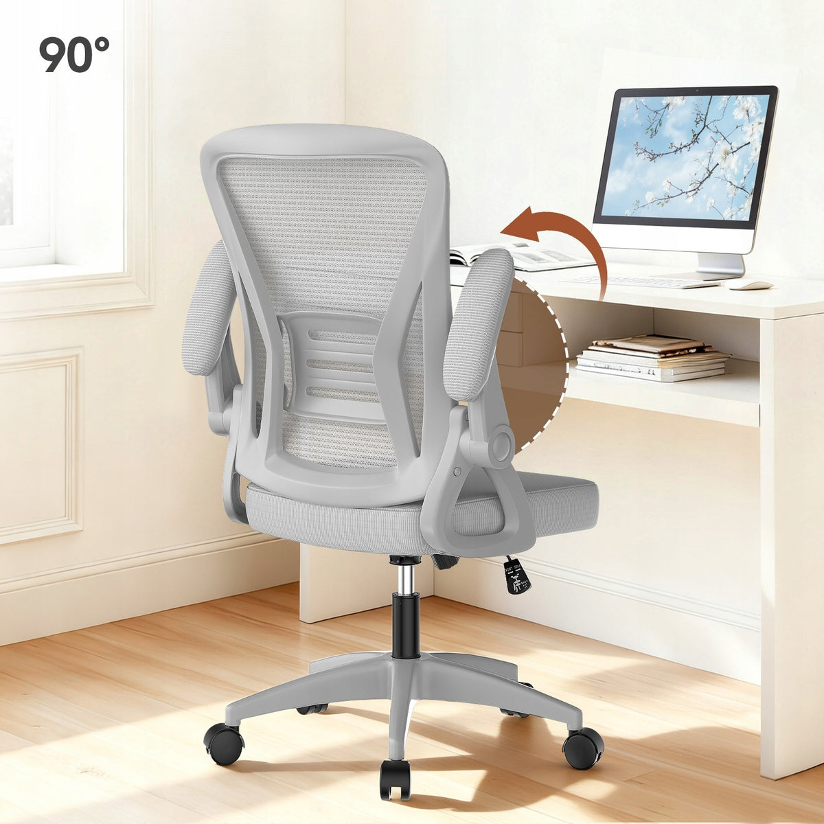 MESH DESK CHAIR, LUMBAR SUPPORT 150 KG, FOLDING ARMRESTS, HEIGHT ADJUSTABLE Manufacturer code X24F00K225-L