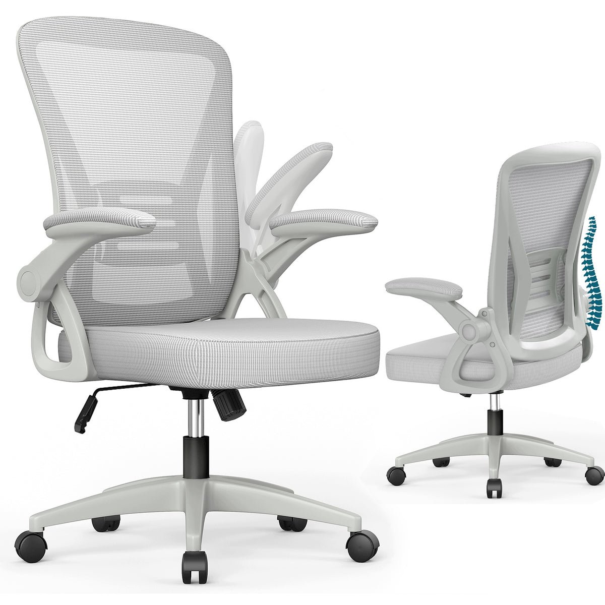 MESH DESK CHAIR, LUMBAR SUPPORT 150 KG, FOLDING ARMRESTS, HEIGHT ADJUSTABLE