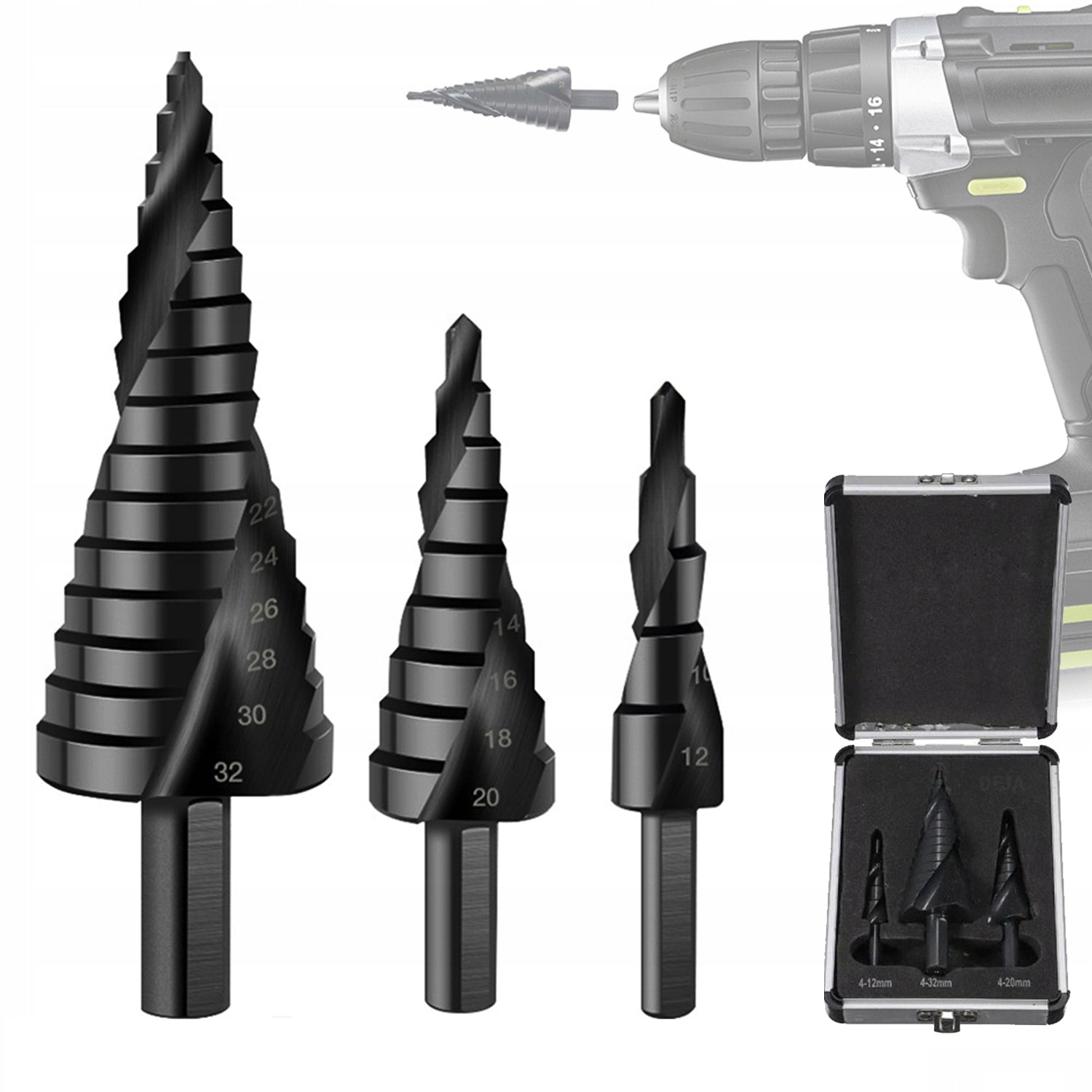 METAL GRADUATED CONICAL DRILL BITS 4-32 mm With Case