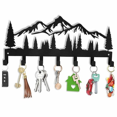 METAL KEY HOLDER 7 HOOKS BLACK FOR HALLWAY KITCHEN