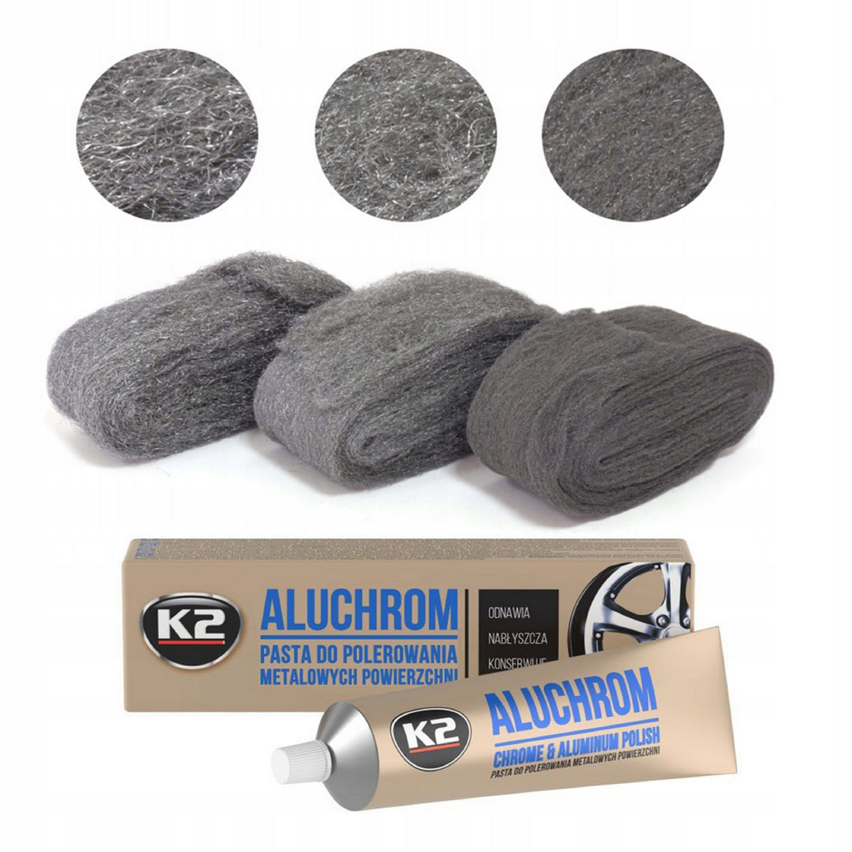 METAL POLISHING KIT 3 x STEEL WOOL + PASTE K2 ALUCHROM POLISHER