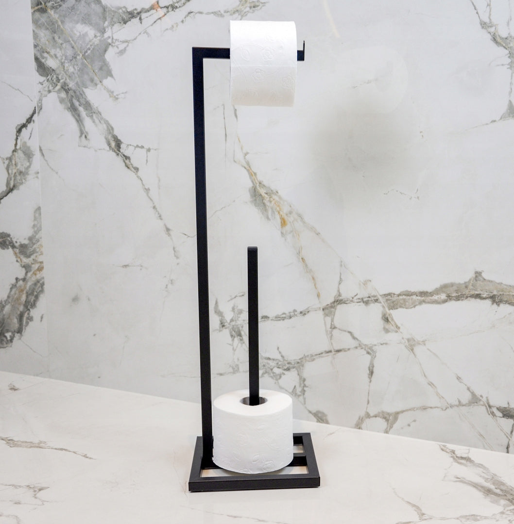 METAL TOILET PAPER STAND WITH SPACE FOR STOCK MODERN BLACK Packaging status original