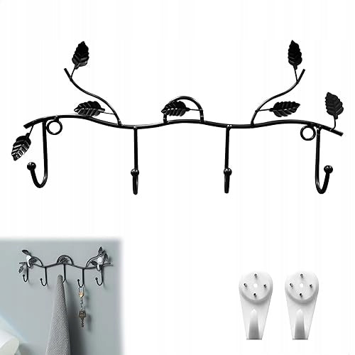METAL WALL HANGER BLACK FOR CLOTHES HOOKS LEAF 4 PCS FOR HOME