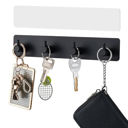 METAL WALL KEY HOLDER BLACK SELF ADHESIVE 4 HOOKS STEEL Brand no brand