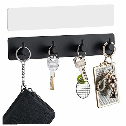 METAL WALL KEY HOLDER BLACK SELF ADHESIVE 4 HOOKS STEEL