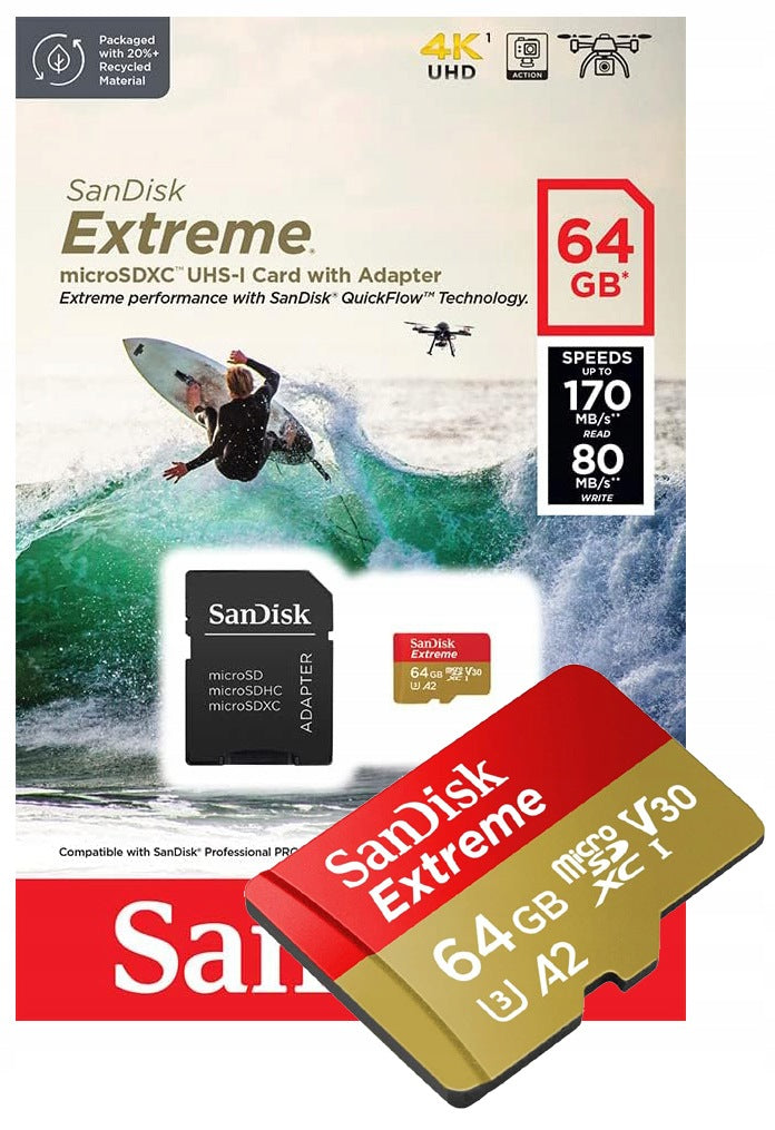 MICRO SD CARD SANDISK EXTREME 64GB 170/80 V30 A2 4K + ADAPTER