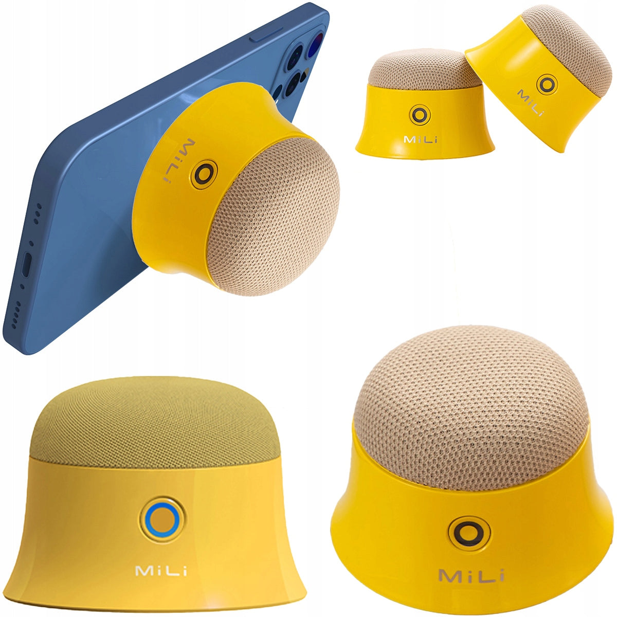 MILI small compact magnetic speaker yellow phone stand Batteries included no