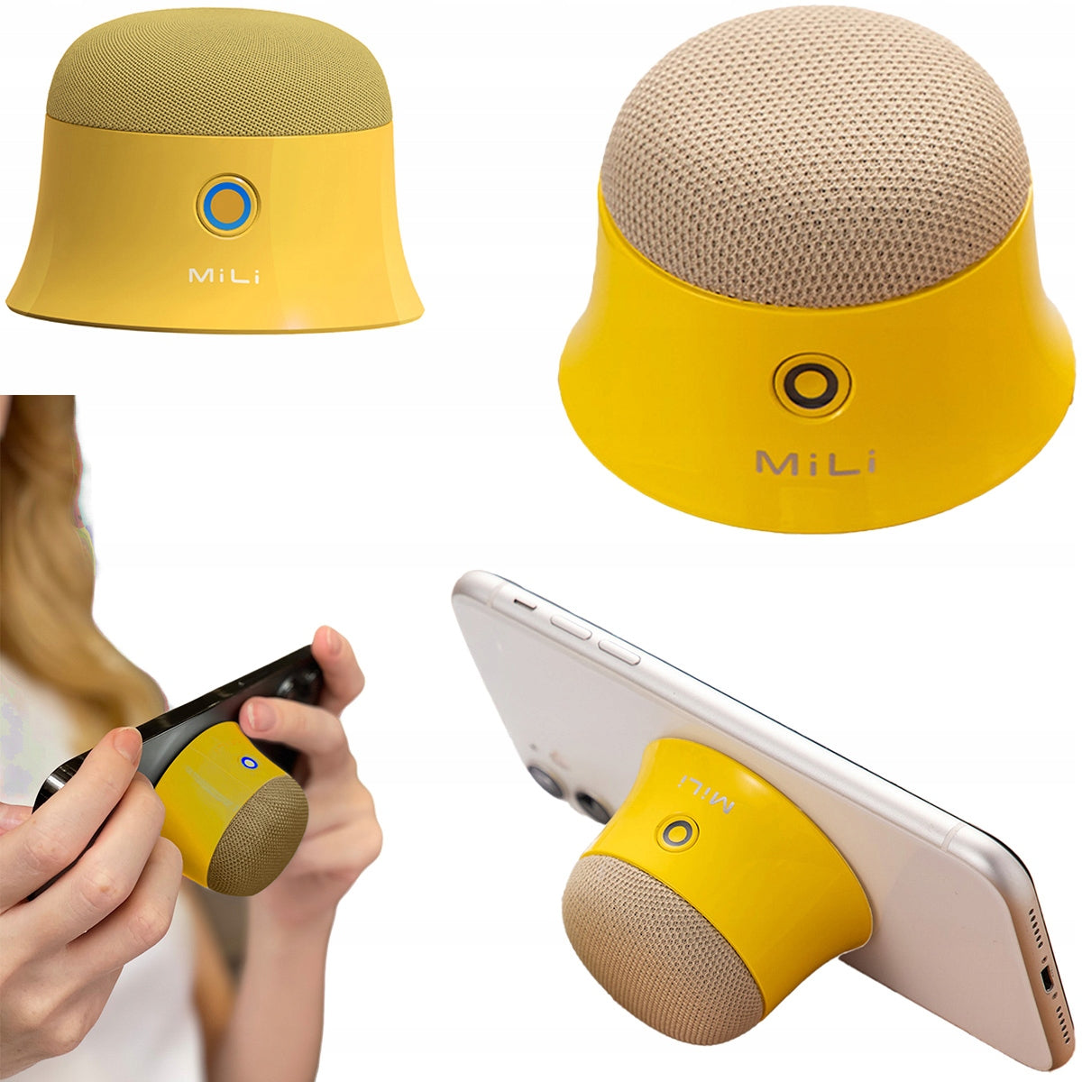 MILI small compact magnetic speaker yellow phone stand