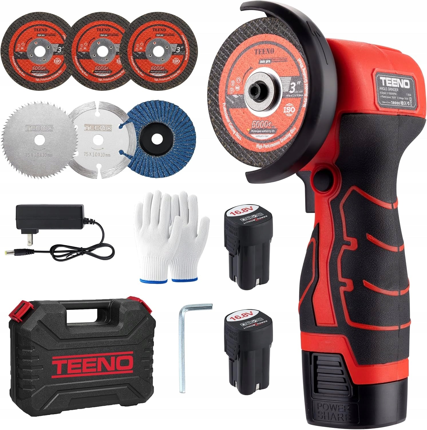 MINI ANGLE GRINDER 19500 RPM 16,8V 76MM 2xAKU 6 DISCS