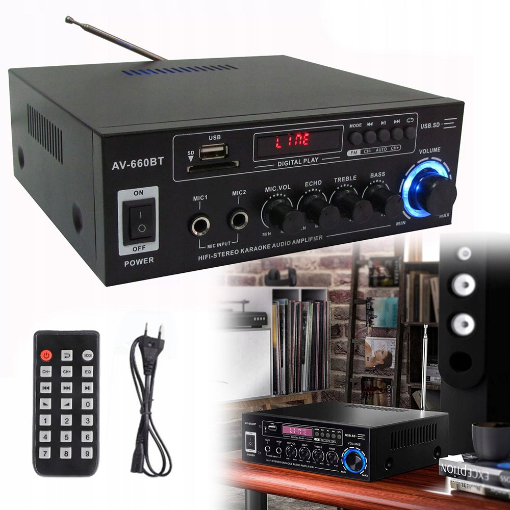 MINI BLUETOOTH HIFI AMPLIFIER 5.0 STEREO RADIO 3000W WITH REMOTE CONTROL AV-660BT Manufacturer code asciohui2vbas