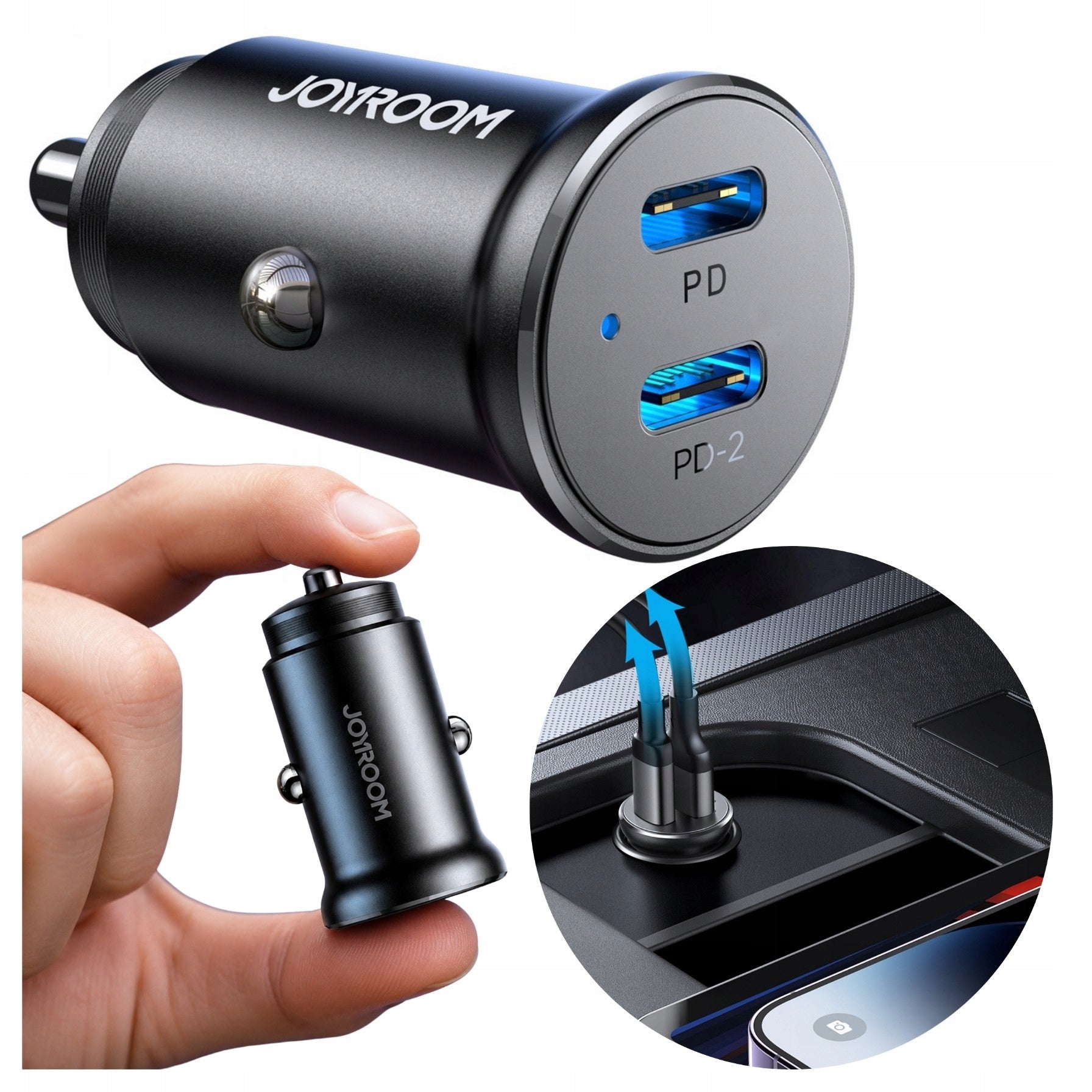 MINI CAR CHARGER 30W 2x USB-C PD ELEGANT METAL PD 3.0 QC 3.0