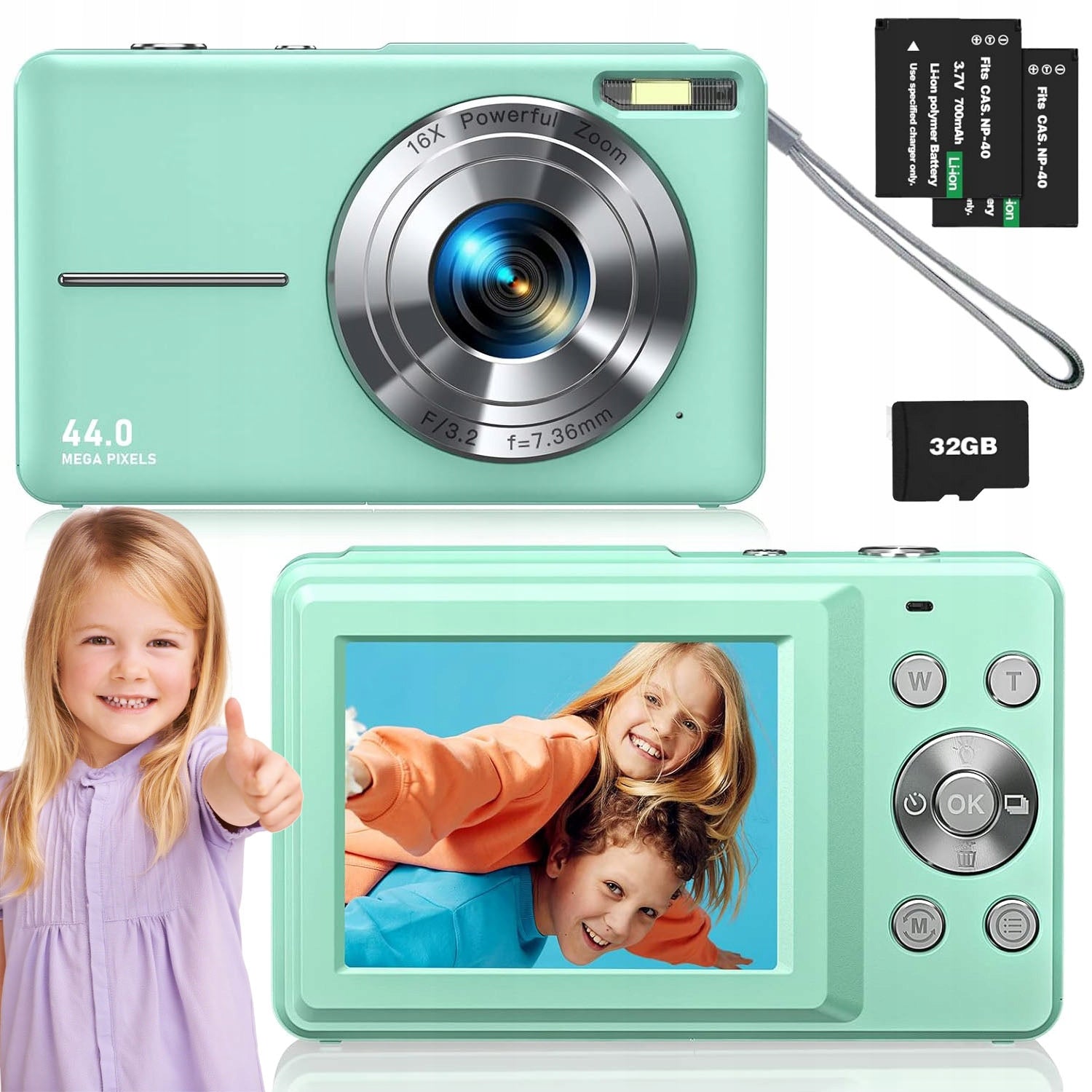 MINI DIGITAL CAMERA PORTABLE 16X ZOOM 44MP 1080P WITH 2 AKU GREEN
