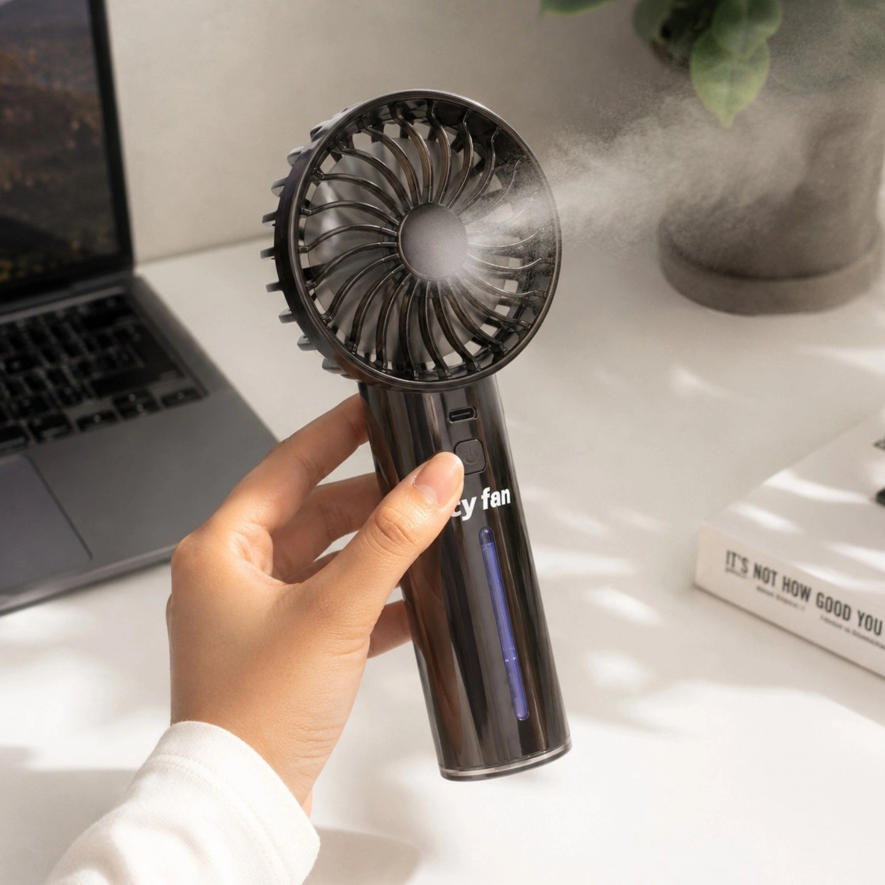 MINI PORTABLE WINDMILL HANDHELD FAN WITH MIST COOLS WATER MIST Number of speed modes 3