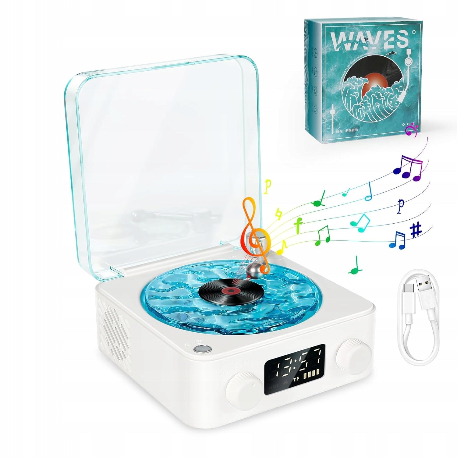 MINI RETRO SPEAKER, TURNTABLE, BLUETOOTH, WHITE NOISE, VINTAGE, LIGHT,WHITE