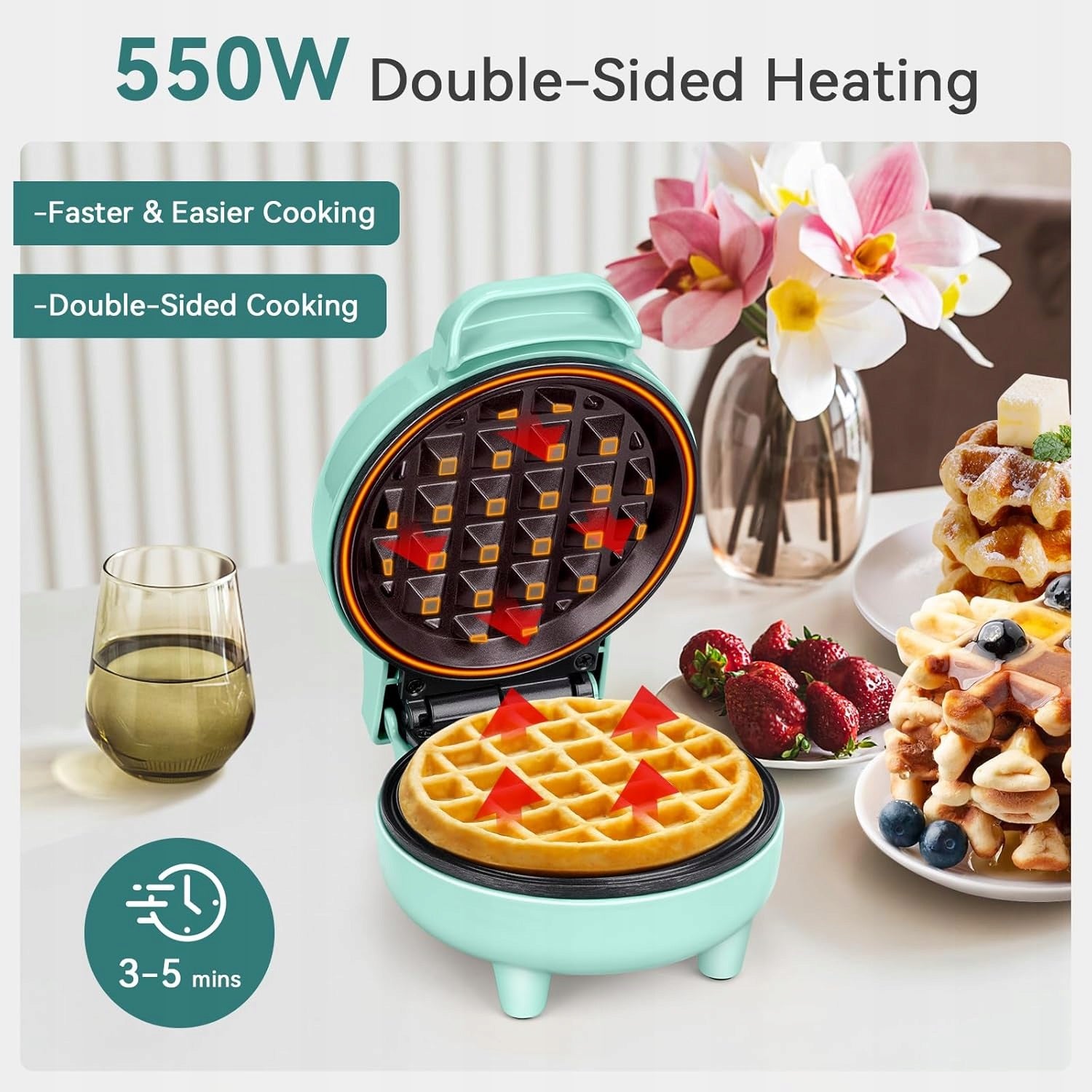 MINI SNAILAR WAFFLE IRON 550W NON-STICK COATING COMPACT GREEN Packaging status original