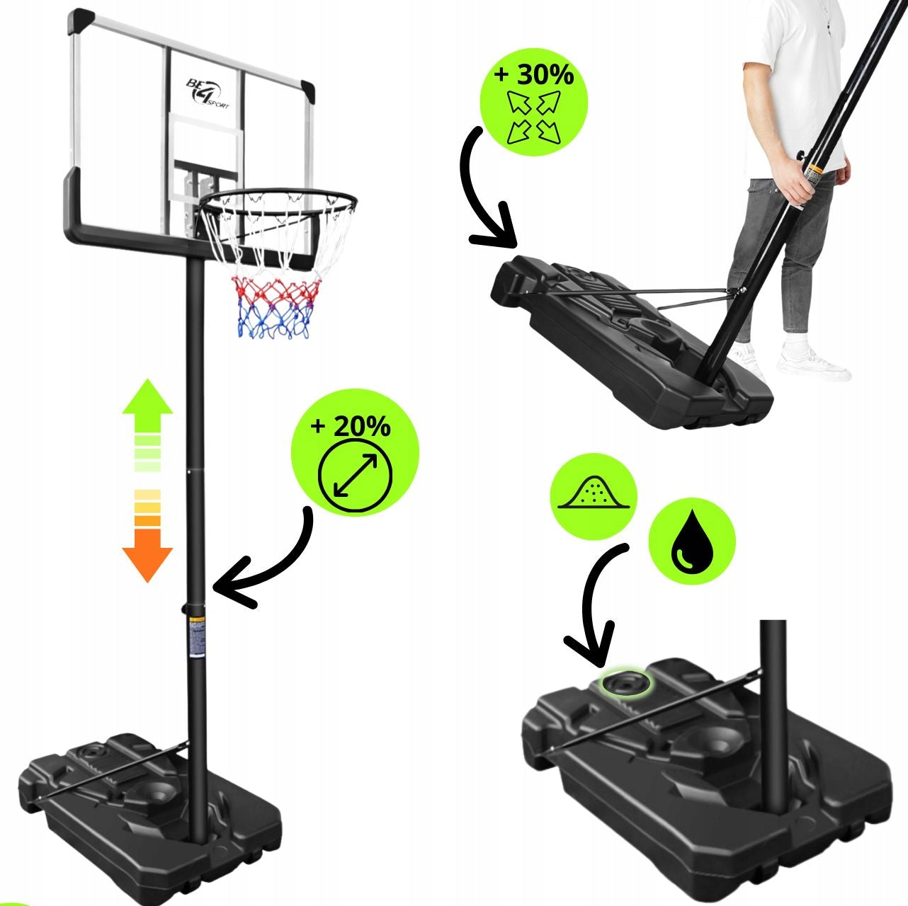 MOBILE BASKETBALL BASKET ADJUSTABLE FULL SIZE UP TO 305 cm BASE XXL Brand Be4Sport