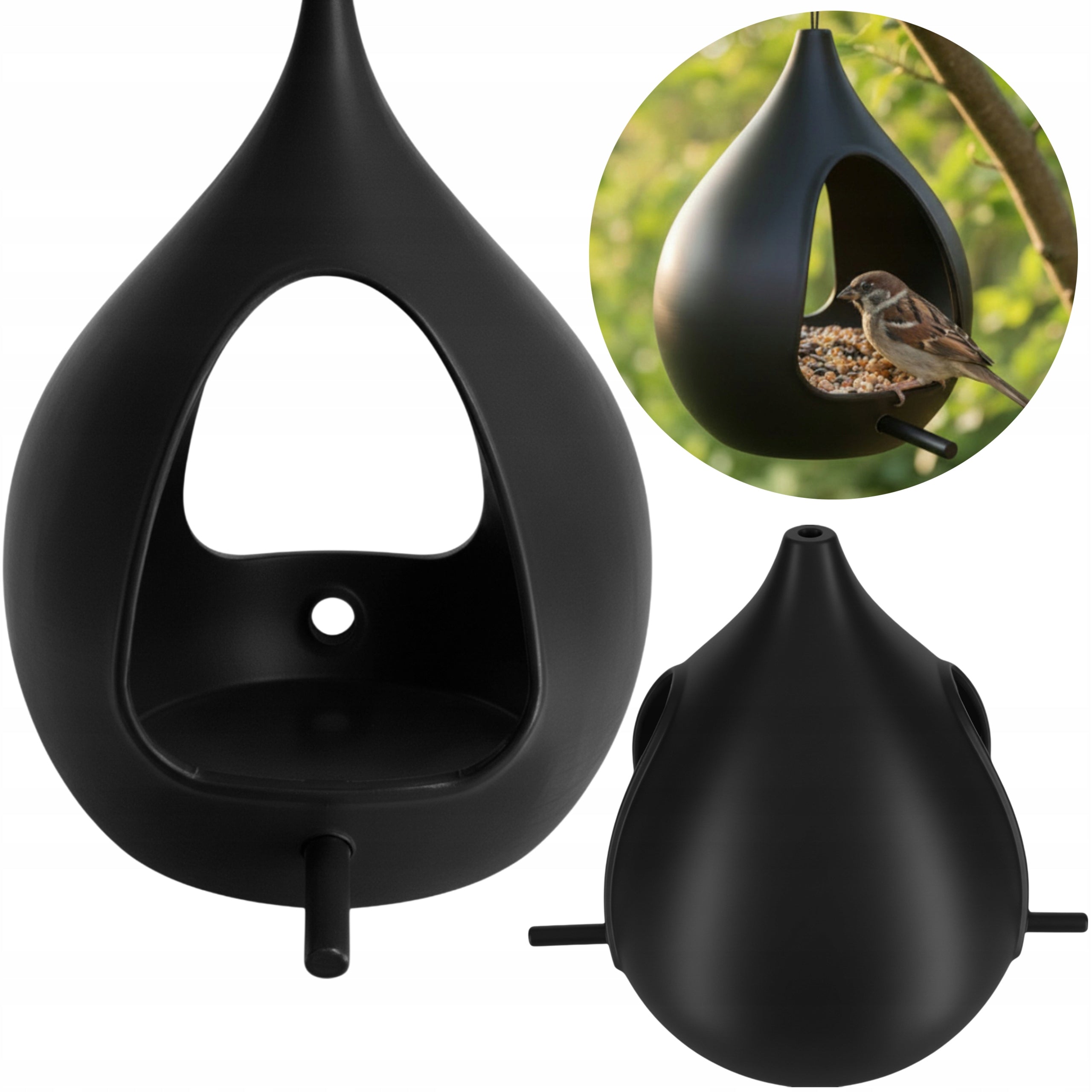 MODERN BIRD FEEDER HANGING OR STANDING BLACK SET