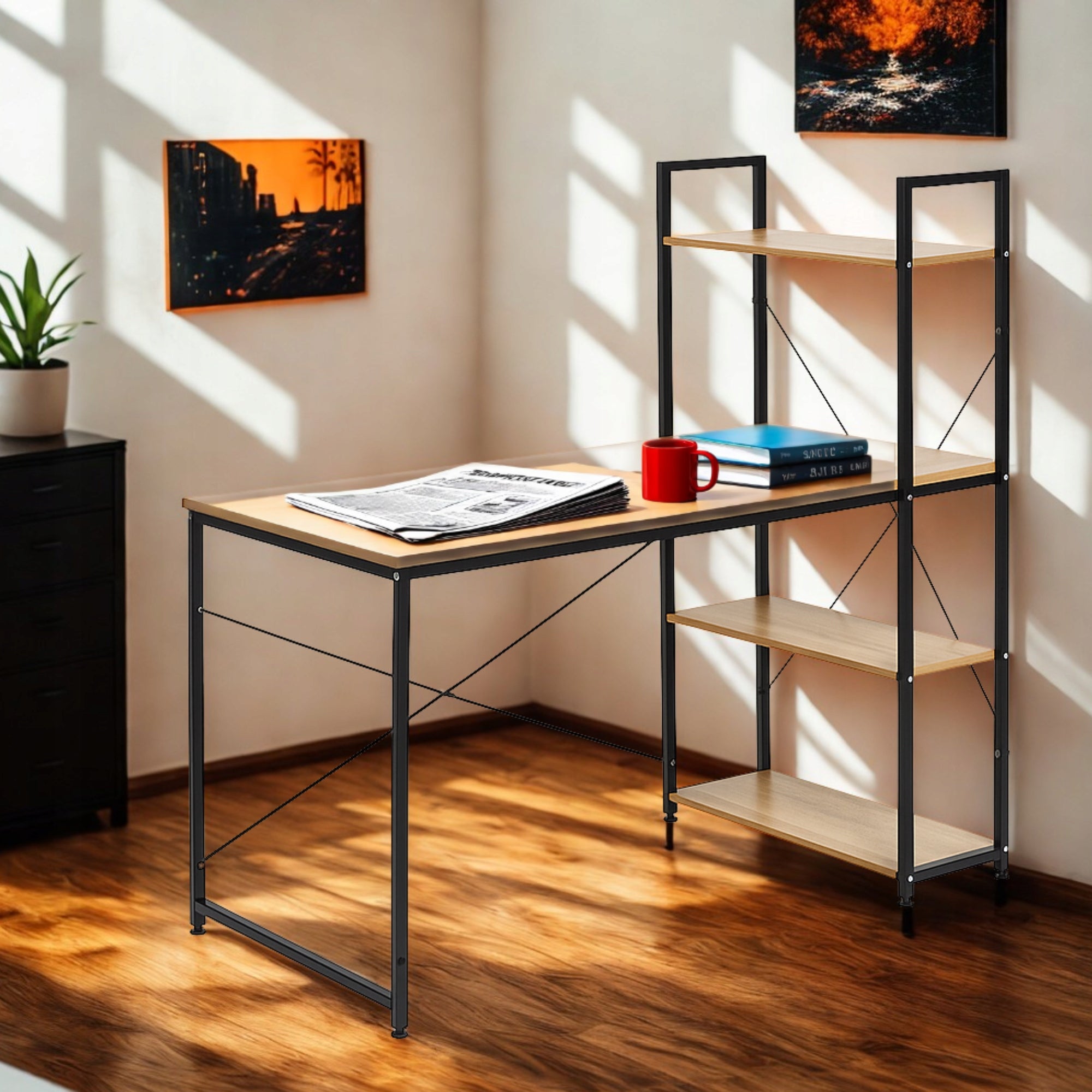 MODERN COMPUTER DESK LOFT SCHOOL BOOKCASE SHELVES GAMING 120x60 BRIGHT Manufacturer code BIURKO LOFT Z PÓŁKAMI NOWOCZESNE METALOWE