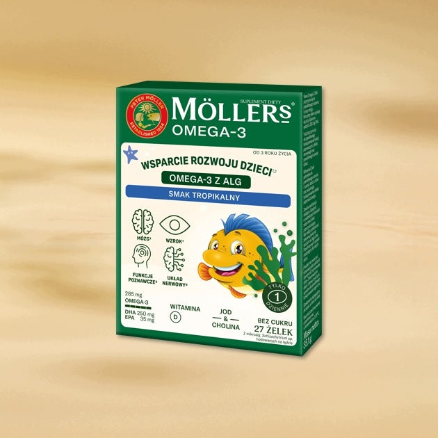 MÖLLER'S OMEGA-3 GUMMIES WITH ALGAE tropical taste VITAMIN D CHOLINE without sugar Medical device no