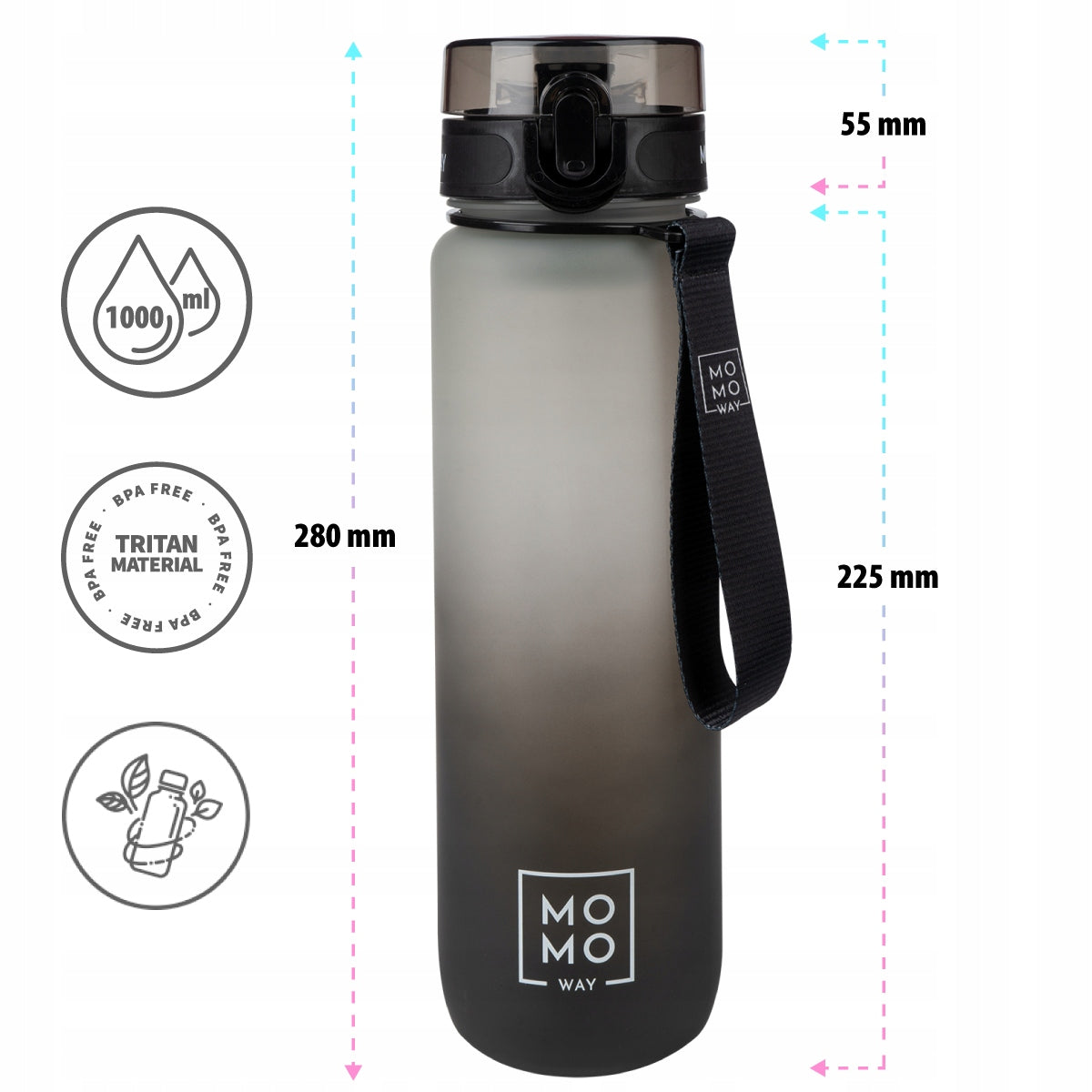 MOMO WAY water bottle black 1L water bottle with fruit refill bpa free Manufacturer code 98785