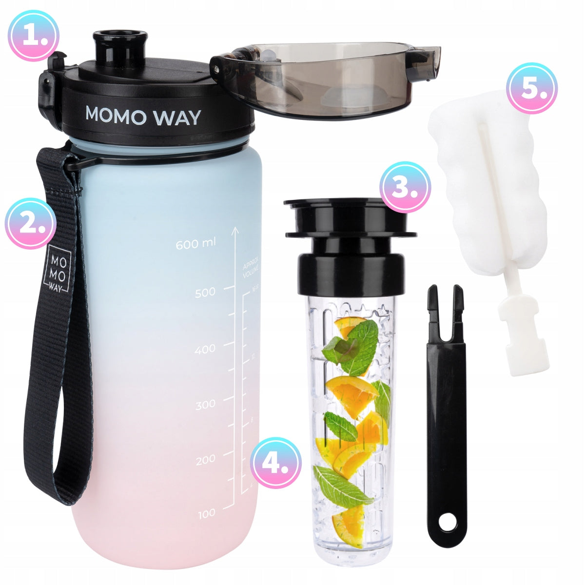 MOMO WAY water bottle blue-pink 600ml large water bottle with mouthpiece Manufacturer code 98853