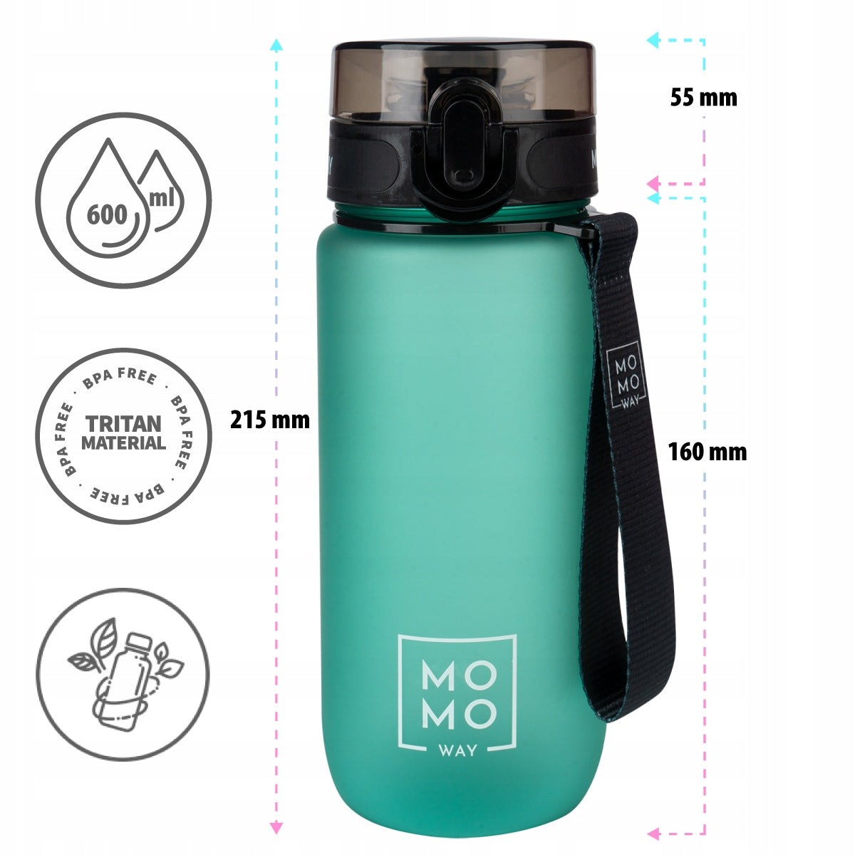 MOMO WAY water bottle dark green 600ml water bottle with mouthpiece and measuring cup Manufacturer code 98891
