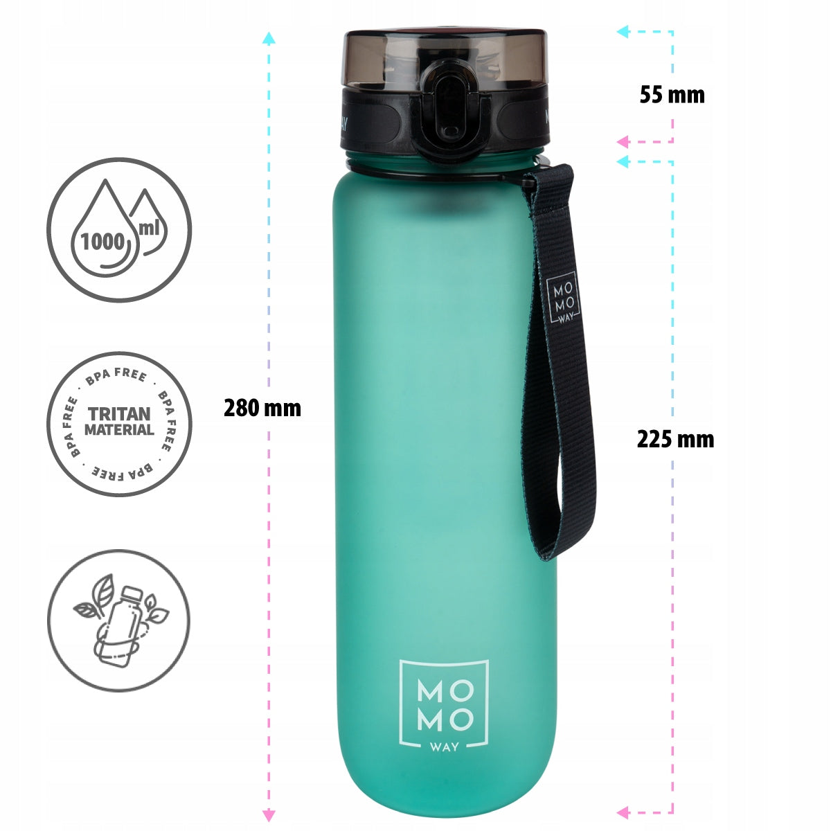MOMO WAY water bottle green 1L large water bottle with fruit refill bpa free Manufacturer code 98808