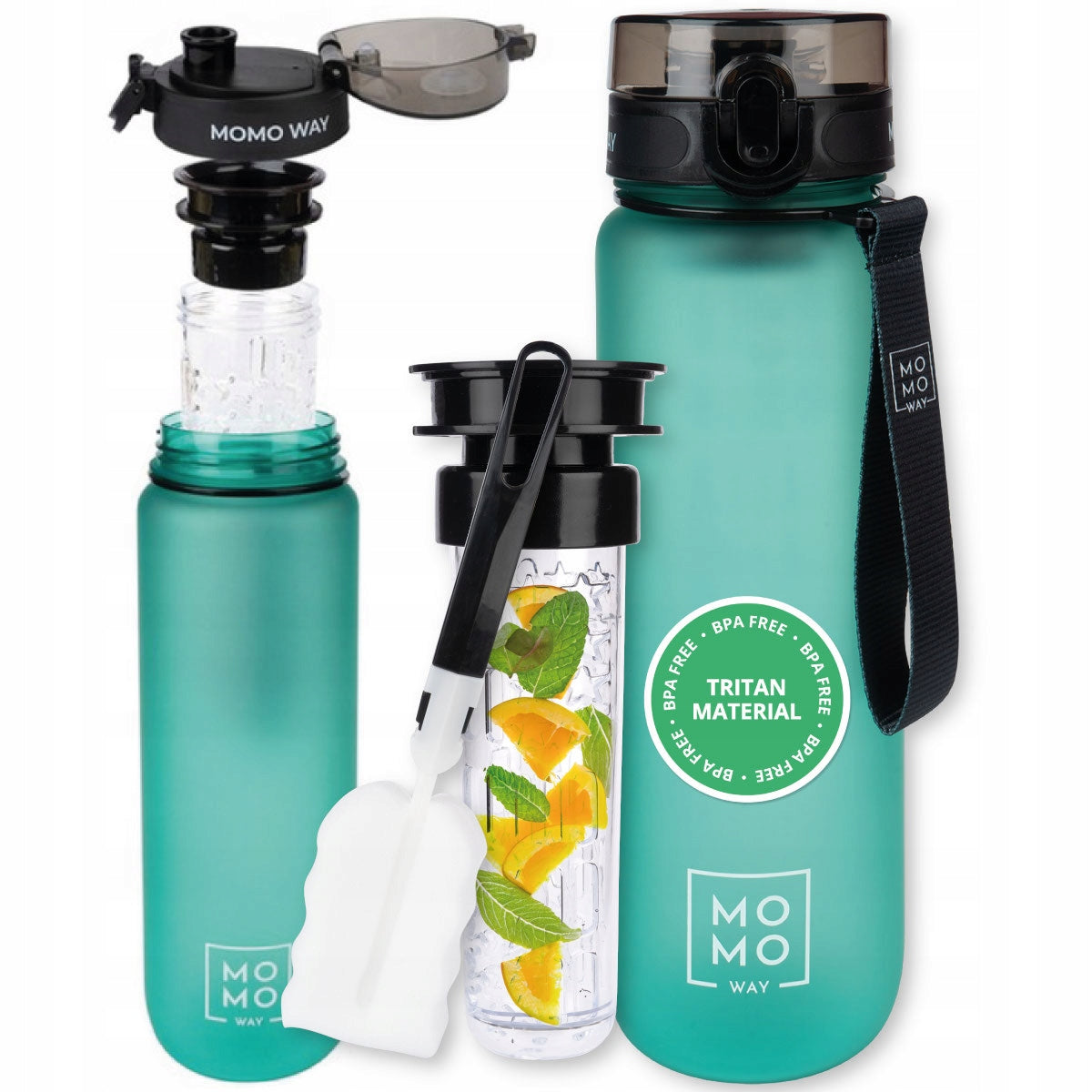 MOMO WAY water bottle green 1L large water bottle with fruit refill bpa free